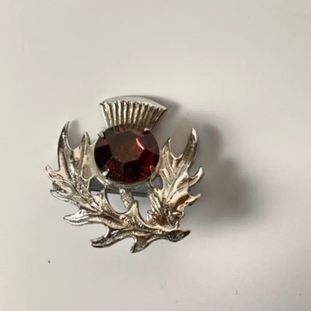 Vintage Scottish Thistle Brooch Red Rhinestone Silver Tone Pin Celtic Statement